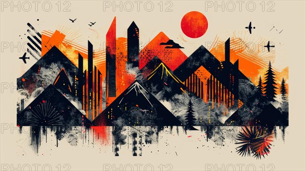 Stylized vibrant abstract of a cityscape with mountains and sunset in the backdrop, ai generated, AI generated