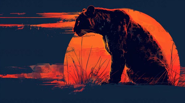 Silhouetted rodent against an orange-hued sunset background in a painting style, ai generated, AI generated