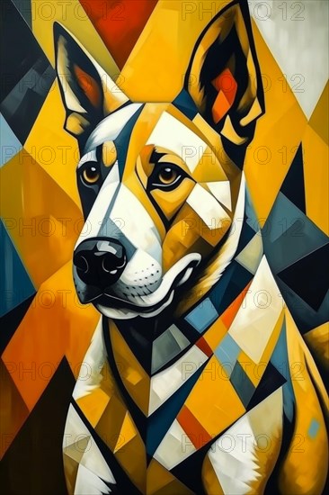 Modern portrait of a dobermann dog with geometric design and prominent yellow tones, vertical aspect, AI generated