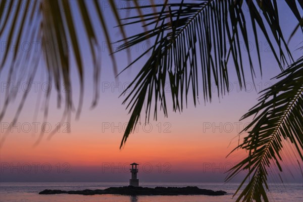 Lighthouse of Khao Lak in the evening mood, evening, sunset, travel, holiday, mood, paradise, palm, evening sun, orange, sky, water, sea, ocean, sky, tropical, island, rock, Thailand, Asia
