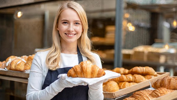 KI generated, woman, 20, 25, years, shows, bakery, bakery shop, baquette, white bread, croissant, France, Paris, Europe