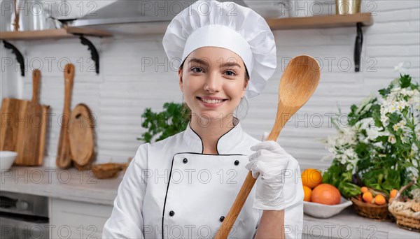 AI generated, An attractive blonde chef in the kitchen of a hotel