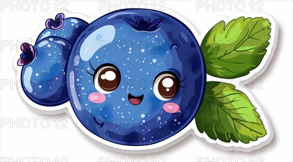 Cartoon illustration of a cute, smiling anthropomorphic blueberry with shiny appearance and leaves, ai generated, AI generated
