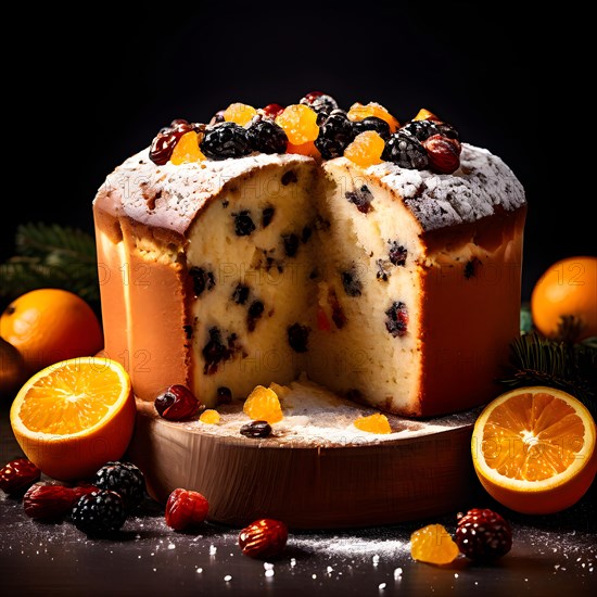 Panettone traditional milanese christmas bread brimming with candied fruit, AI generated