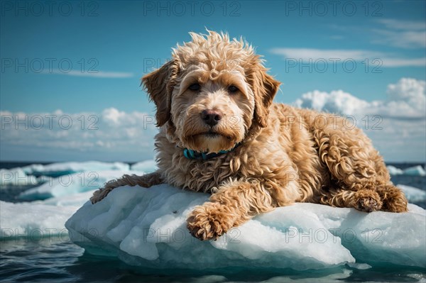 Curly-haired cute puppy lagooto dog attentively observing its surroundings on an ice floe, alone isolated in the artic sea. Environmental and climate change issues concept, AI generated