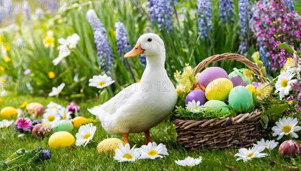 Ai generated, An Easter basket with coloured eggs in a meadow with colourful flowers, in the basket, white duck, domestic duck, symbolic picture Easter, animal children