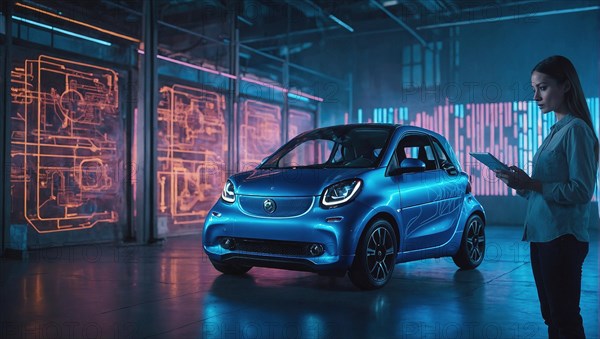 Automotive designer evaluating a compact electric city car through a holographic blueprint, women at traditional men jobs, feminine power and rights concept, AI generated