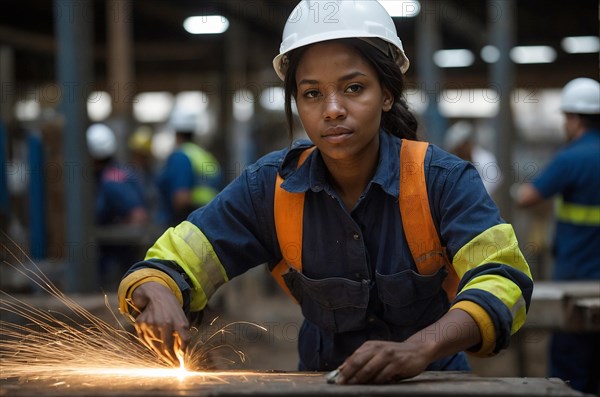 Female worker in safety gear confidently welding in an industrial environment, AI generated