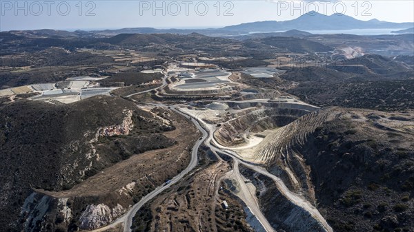 Mineral mining in the mountains near Apollonia, aerial view, Milos, Cyclades, Greece, Europe