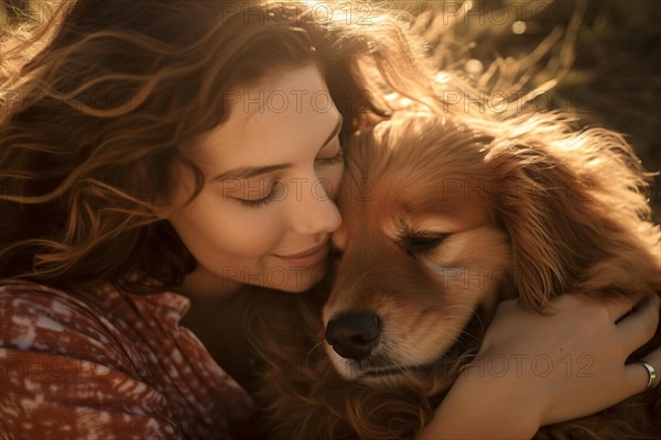 Young woman hugging her dog. KI generiert, generiert AI generated