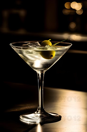 Gin martini with an olive resting on a polished bar top ambient lighting, AI generated