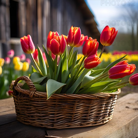 Basket brimming with vibrant freshly picked tulips, AI generated