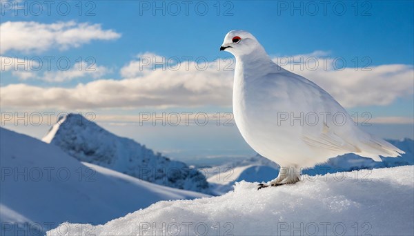 KI generated, A rock ptarmigan foraging in winter, white plumage, (Lagos muta), pheasants