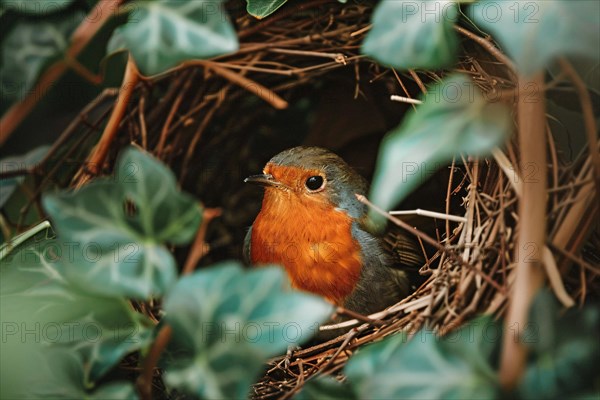 Small Robin bird in nest. KI generiert, generiert AI generated
