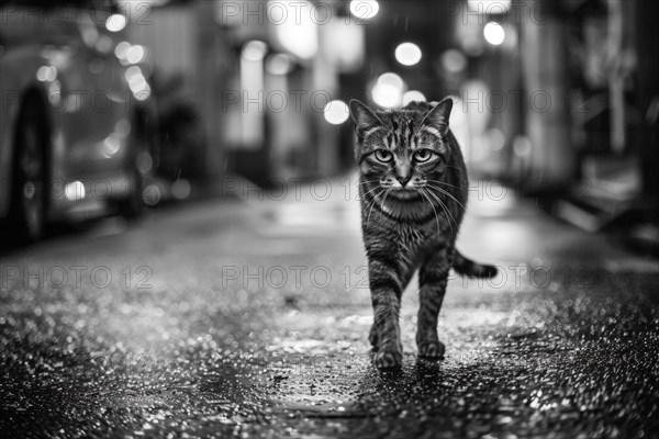 A domestic cat walks on a street, in a city, AI generated, AI generated, AI generated