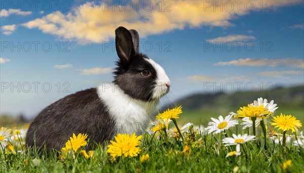 KI generated, A black and white dwarf rabbit in a meadow with white and yellow flowers, spring, side view, (Brachylagus idahoensis)