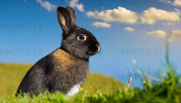 KI generated, A colourful dwarf rabbit in a meadow in summer, side view, (Brachylagus idahoensis)