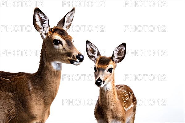 Red deer hind nose to nose with her calf, isolated white background, AI generated