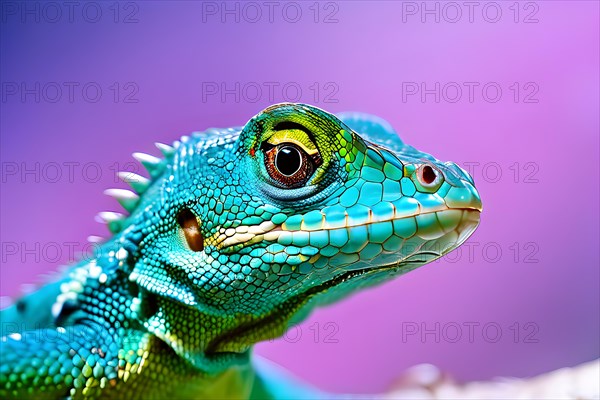 European green lizard portrait with its vibrant colors in hues of green and blue, AI generated