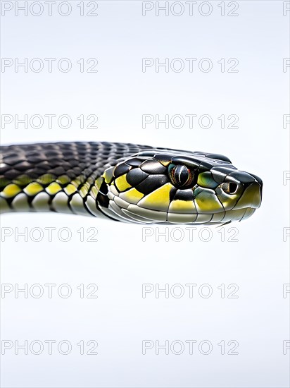 Grass snake muscles visibly tensed isolated white background, AI generated