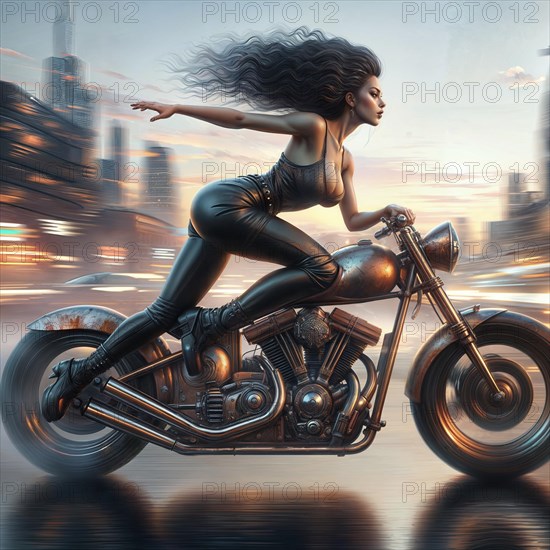 An artistic version of a brunette fit woman racing through a city on a custom motorcycle with her hair flowing, AI generated