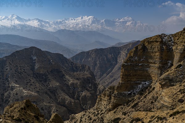 Desert landscape before the Annapurna mountain range, Kingdom of Mustang, Nepal, Asia