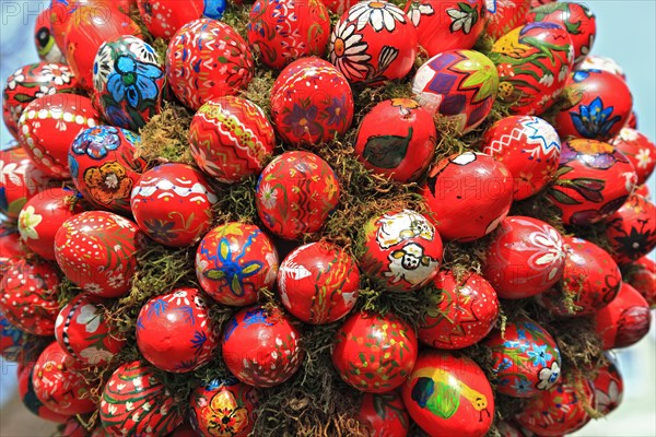 Detail of an Easter fountain in Franconian Switzerland, Bamberg district, Upper Franconia, Germany, many colourful blown-out and dyed eggs as decoration, Easter custom, Europe