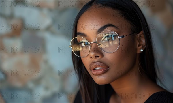 Portrait of a confident woman with glasses, warm color palette AI generated