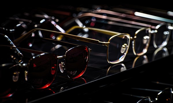 Assorted sunglasses on a reflective surface with a dark background AI generated