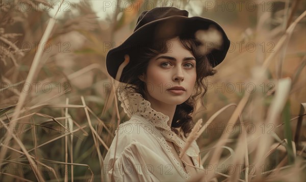 Woman in vintage attire and hat, standing in a field with a nostalgic autumn mood AI generated