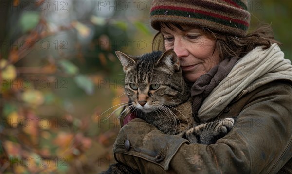 An older woman holding a cat closely, evoking feelings of care and comfort in autumn setting AI generated