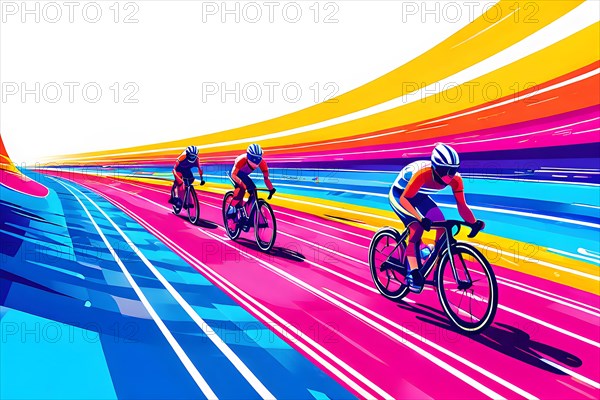 Cyclists in velodrome, neon color line art, AI generated