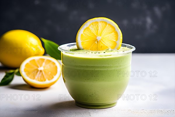 Detoxifying green tea and lemon smoothie, AI generated