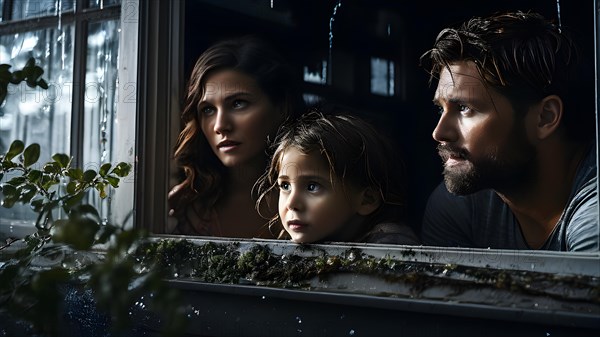 Family framed within the window of their homes after floodwater, AI generated