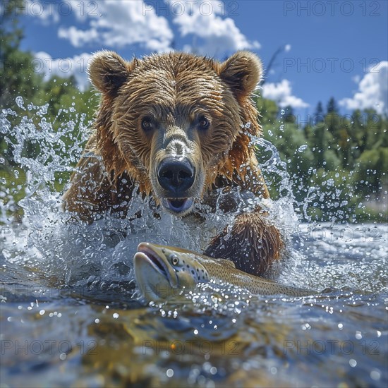 A brown bear hunts salmon in shallow clear water, AI generated