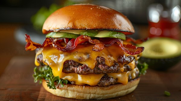 Mouthwatering double patty cheeseburger with bacon, cheese, and lettuce on a sesame bun, ai generated, AI generated