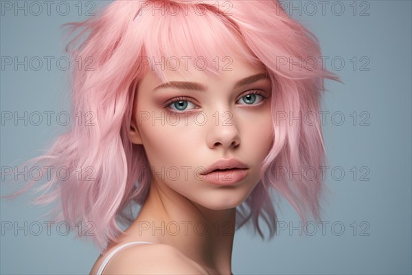 Portrait of young beautiful woman with pastel colored pink hair on blue studio background. KI generiert, generiert AI generated