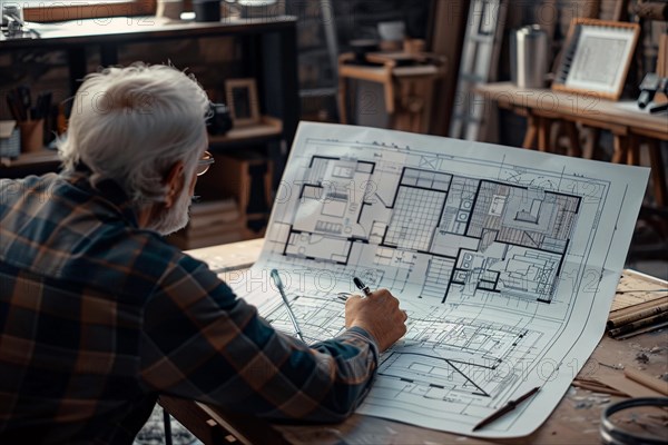 An elderly individual deeply engaged in drafting architectural plans at a desk, AI generated