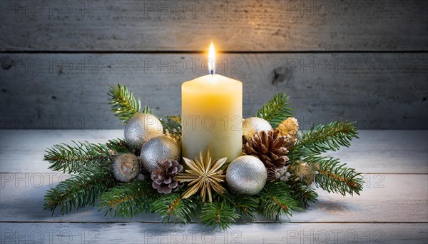 Ai generated, Advent wreath with burning candles, Christmas time, Christmas decoration, 1st Advent, First Advent