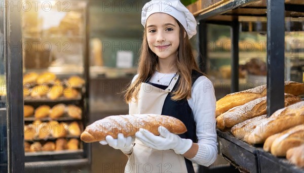 Ai generated, woman, 20, 25, years, shows, bakery, bakery shop, baquette, white bread, France, Paris, Europe