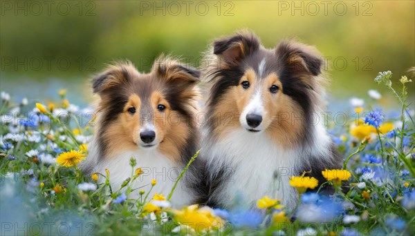 KI generated, Two long-haired collies lying in a colourful flower meadow, (Canis lupus familiaris), Lassie