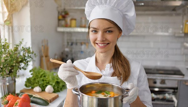 AI generated, An attractive blonde cook in the kitchen of a hotel tastes a vegetable soup