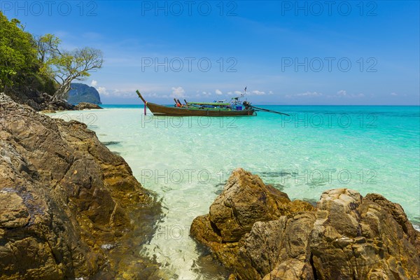 Bamboo Island, boat, wooden boat, longtail boat, bay, sea bay, sea, ocean, Andaman Sea, tropics, tropical, island, rock, rock, water, beach, beach holiday, Caribbean, environment, clear, clean, peaceful, picturesque, stone, sea level, climate, fishing boat, travel, tourism, natural landscape, paradisiacal, beach holiday, sun, sunny, holiday, dream trip, holiday paradise, flora, paradise, coastal landscape, nature, idyllic, turquoise, Siam, exotic, travel photo, beach landscape, sandy beach, Thailand, Asia