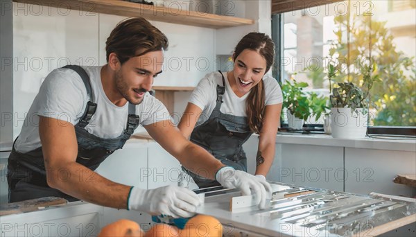 Ki generated, A man and a woman assemble furniture, DIY, wear gloves to protect hands from splinters and an assembly, lots of frustration and hassle, furniture assembly, do it yourself, installing a new kitchen