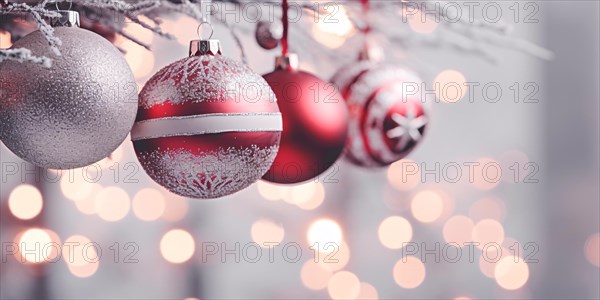 Banner with red and silver Christmas tree baubles. rae dunn rice, AI generated