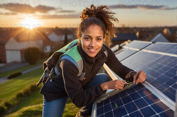 A smiling woman installing solar panels on a rooftop at sunset, women at heavy industrial contruction jobs, feminine power and rights concept, AI generated