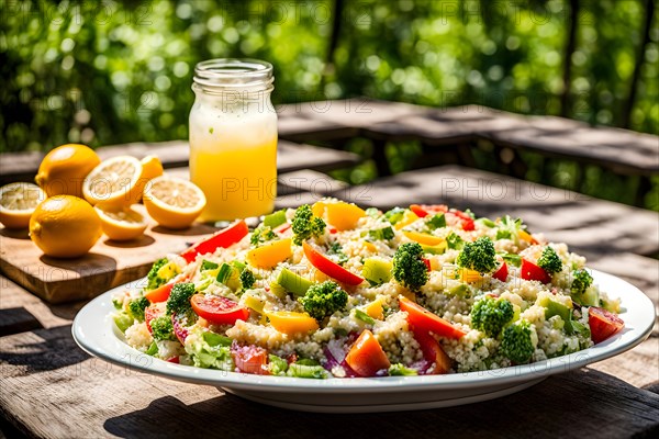 Quinoa salad abounding with colorful vegetables and lemon tahini dressing, AI generated