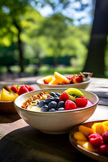 Smoothie bowls garnished with vibrant fresh fruits and an assortment of nuts, AI generated