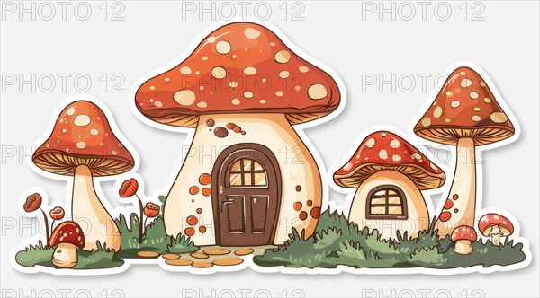 Colorful cartoon illustration featuring a cluster of whimsical mushroom houses with wooden doors, ai generated, AI generated
