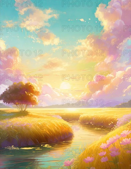 Dreamlike riverside illustration, summer season scene in pastel colors. Blooming pink flowers on the river bank lit by the gold sunset light. AI generated art